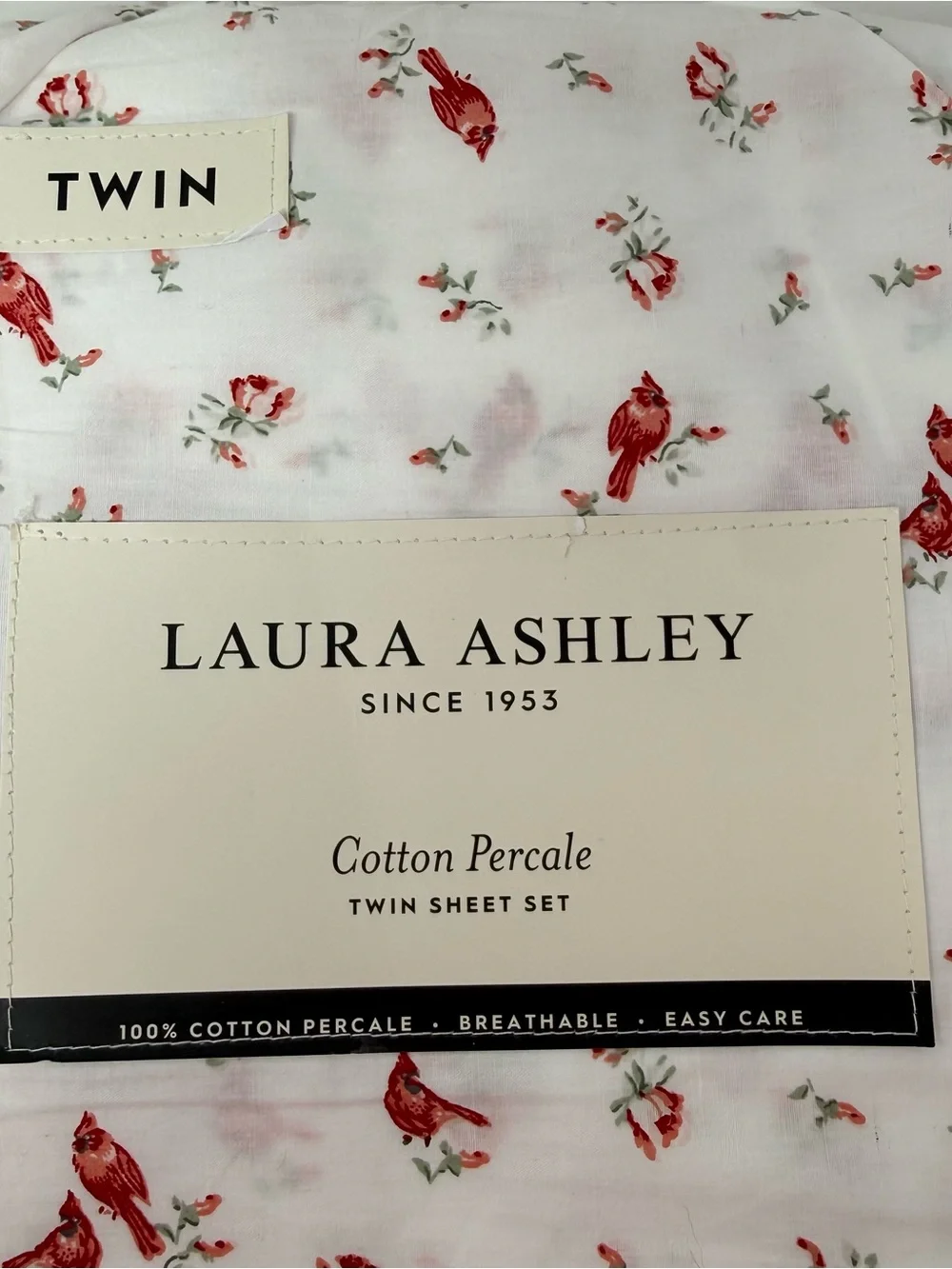 Laura Ashley Twin Sheet Set Cotton Percale Red Cardinal Floral White NEW
